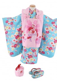 七五三 3歳女の子用被布[anan]ピンクにコスモス(着物)スカイブルーにリボンコスモスNo.67V